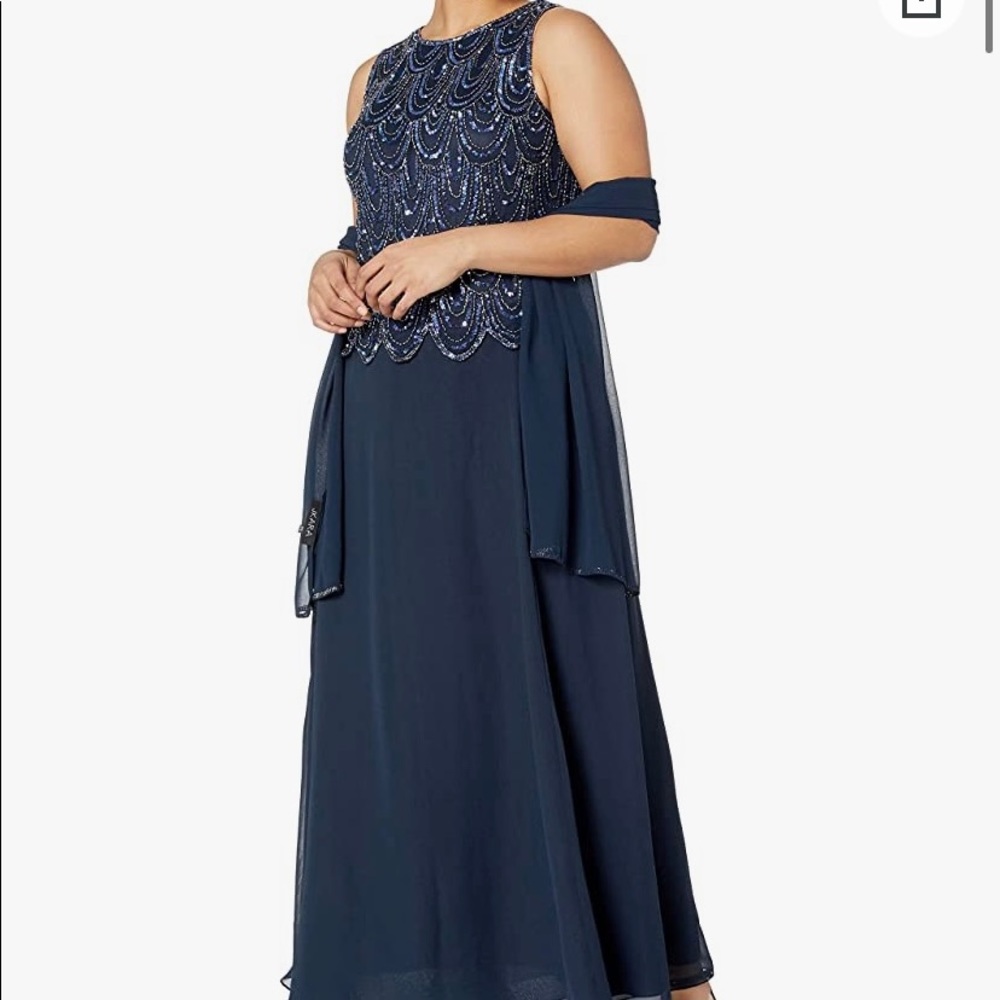 NWT J Kara Blue Sleeveless Scallop Pop Over Dress w. Scarf